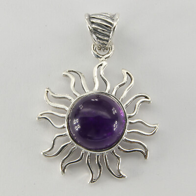 #ad 925 Sterling Silver Round Star Sun Purple Amethyst Pendant
