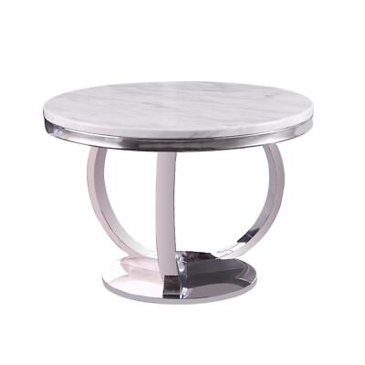 #ad Layla White Modern Faux Marble Round Dining Table with Silver Base