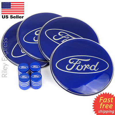 #ad Blue FORD Wheel Center Cap Sticker Decals 2.55quot; amp; Blue FORD Tire Valve Caps