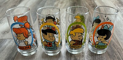 #ad VINTAGE 1986 Flintstone Kids Pizza Hut Glasses Full Set of 4 BRAND NEW GLASSES