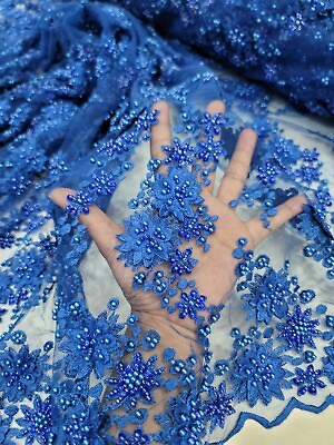 #ad Royal Blue 3D Flower Floral Embroidered Lace Fabric Wedding By Yard Quinceañera