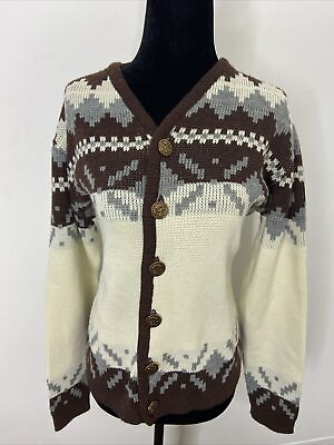 #ad Vintage White Ram Men M Wool Ski Nordic Fair Isle Cardigan Wool Sweater Ramtuk