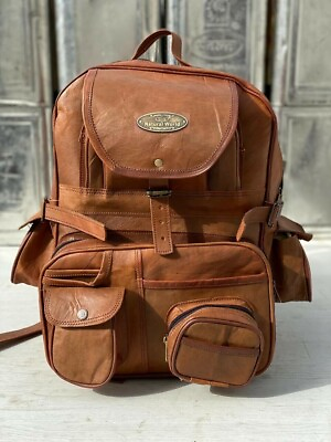 #ad Vintage Leather Backpack Brown Rucksack Genuine Large Travel Bag