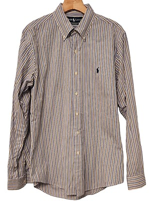 #ad Mens Ralph Lauren Custom Fit Striped Button Up Dress Shirt Blue Medium EUC