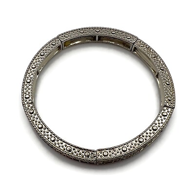 #ad Textured Silver Tone curved Crystal Rhinestone Bar Link Stretch Fashion Bracelet