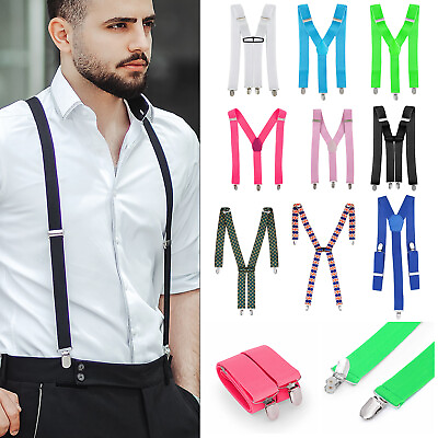 #ad Mens Elasticated Heavy Duty Clip on Trouser Braces Adjustable Suspenders 35mm