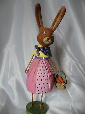 #ad Lori Mitchell 10quot; rabbit w pink dress blue bandanna basket of carrots PRISTINE