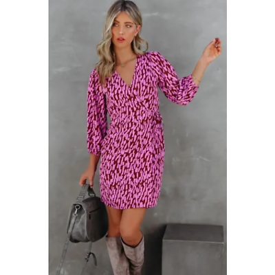 #ad Vici Women#x27;s Size Small Purple Printed Puff Sleeve Summer Travel Wrap Mini Dress