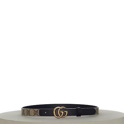 #ad GUCCI 360$ Thin GG Marmont Belt GG Monogram Print Canvas Double G Brass Buckle