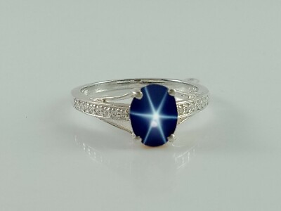 #ad 10k Solid White Gold Sapphire Star Ring Engagement Blue Star Ring For Women 2.Ct