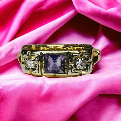 #ad Antique 14k Gold Amethyst Diamond Ring Size 6 Edwardian Engagement Ring 1.6g
