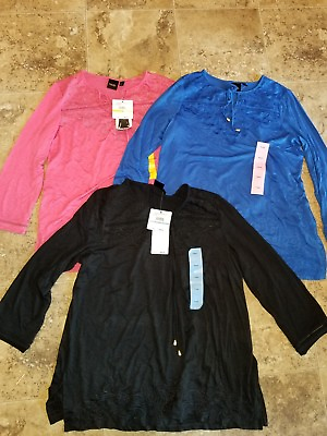 #ad Nwt Womens Rafaella 3 4 Sleeve Embroidered Knit Top Blue Coral Black S M L XL2XL $14.36
