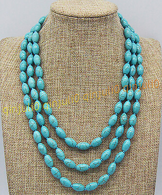 #ad 3 Rows 8x12mm Natural Blue Turquoise Round Rice Beads Gems Necklaces 17 19#x27;#x27; GBP 6.69