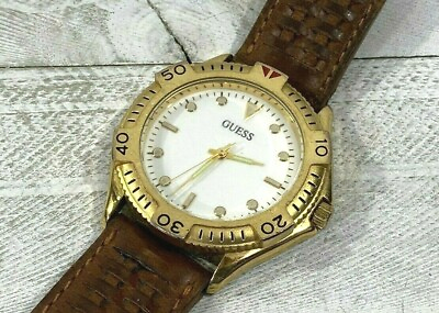 #ad Vintage Guess 1992 Mens Analog Quartz Watch Gold Tone Rotating Bezel 41mm