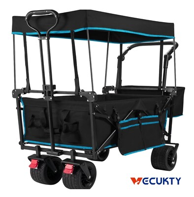 #ad Vecukty Collapsible Garden Wagon: Removable Canopy Fat Wheels Black