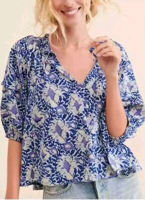 #ad Free People Willow Printed Peasant Blouse In Blue Combo Size Medium NWOT