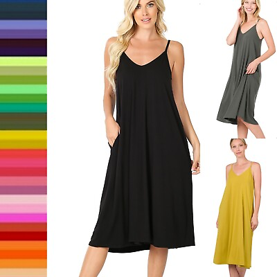 #ad Zenana Women#x27;s V Neck Spaghetti Straps Midi Summer Sleeveless Dress Side Pockets