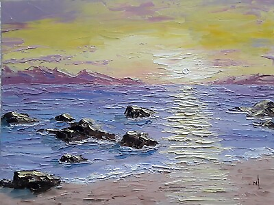 #ad Original Oil Painting Sunset Painting Coastal Landscape Seascape Painting 8x18in