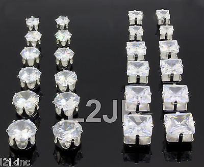#ad 2 PAIR CZ CLEAR SQUARE ROUND MAGNETIC CUBIC ZIRCONIA EARRINGS STUD