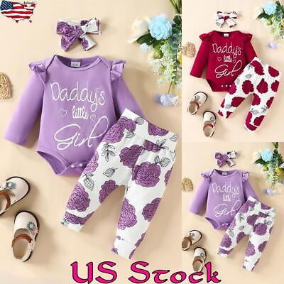 #ad Infant Baby Kids Girls Floral Outfits Cute Ruffle Tops Pants Headband 3PCS Sets