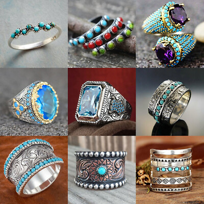 #ad Turkish Turquoise Rings Women 925 Silver Wedding Engagement Boho Jewelry Sz 6 10