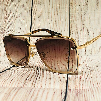#ad Men#x27;s Oversized Vintage Retro Shield Style SUN GLASSES Gold Frame Brown Lens New