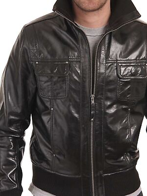 #ad New Leather Jacket Mens Biker Motorcycle Real Leather Coat Slim Fit Black #1273