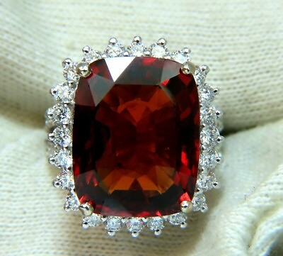 #ad 15.60 CT Hessonite Garnet amp; Diamond Halo Cluster Solid 925 Sterling Silver Ring.