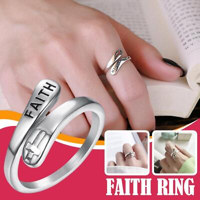#ad Faith Ring Cross Silver Women’s Stainless Steel Band Open Resizable Christian{