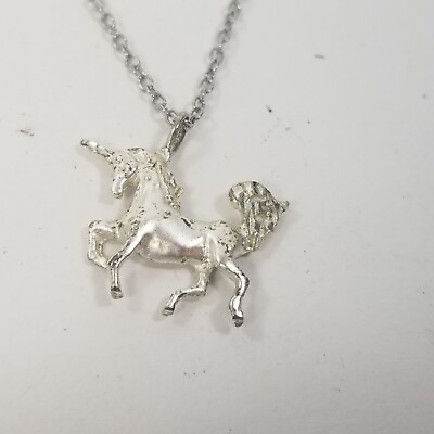 #ad Silver Tone Chain Pink Unicorn Pendant Necklace