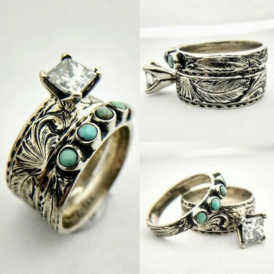 #ad Boho 925 Silver Ring for Women Turquoise Rings Handmade Carved Band Jewelry Gift