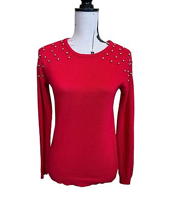 #ad WD NY Women#x27;s Red Rhinestone Sweater Size S Shoulder Accents Long Sleeve Soft $8.00