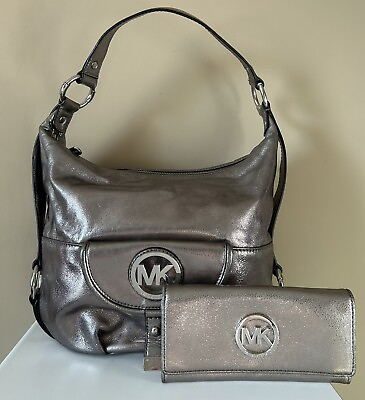 #ad Michael Kors Silver Purse Bag and Matching Wallet Shoulder Hobo Metallic