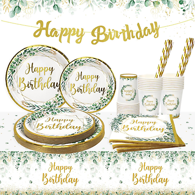 #ad Neutral Sage Green Birthday Decorations Plates Set for 25 Guests Glitter Foil G