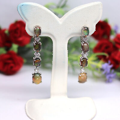 #ad NATURAL BLACK RAINBOW OPAL amp; WHITE CZ LONG EARRINGS 925 STERLING SILVER