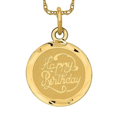 #ad 14K Yellow Gold Happy Birthday Disc Necklace Charm Pendant