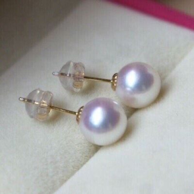 #ad Gorgeous AAAAA 8 9mm natural Round Japanese Akoya white pearl earrings 18K GOLD
