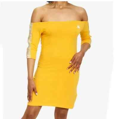#ad NEW Kappa Banda Mirandian Off Shoulder Dress womens medium yellow logo stripe