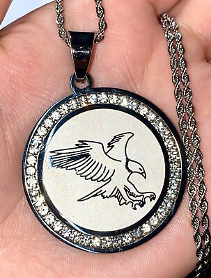 #ad Patriotic American Bald Eagle Round Pendant Freedom Silver Rope Chain Necklace