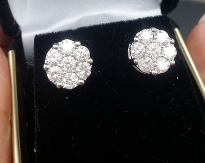 #ad Steal Deal 2.10ctw Genuine Cluster Round Diamond Stud Earring 10K Gold 10.50MM