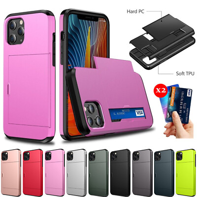 #ad Shockproof Slide Card Slot Holder Case For iPhone 15 14 13 12 11 Pro 8 Plus XR