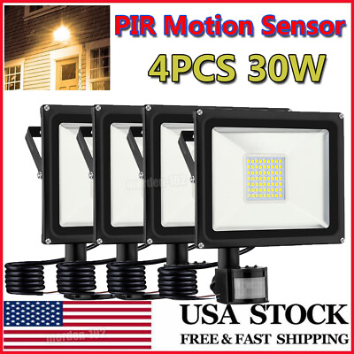 #ad 4X 30W PIR Motion Sensor LED Flood Light Outdoor Security Garden Lamp Warm White