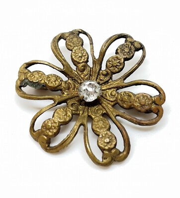 #ad Victorian Antique Paste Stone Brass C Clasp Flower Brooch