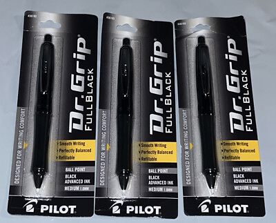 #ad Lot of 3 Pilot Dr Grip Full Black Ball Point Pen Black Ink Medium Point 1.0mm