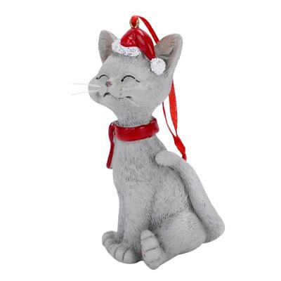#ad Christmas Cat Ornament with Scarf Hat Happy Gray Kitten Xmas Holiday Tree Grey