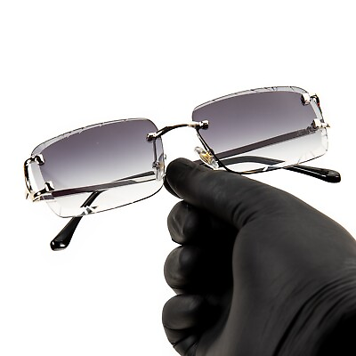 #ad Men#x27;s Gem Cut Purple Tint Silver Frame Hip Hop Rimless Luxury Square Sunglasses