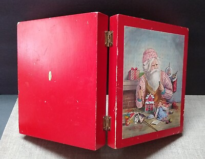 #ad Vintage Victorian Santa Wood Box w Hinges 8.25quot; Retro Holiday Workshop