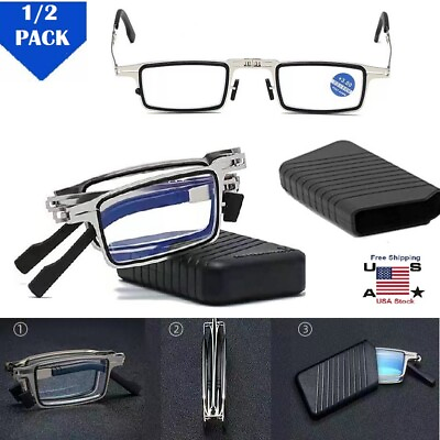 #ad 2 × Foldable Reading Glasses Portable Anti blue Glasses Ultra light Travel USA
