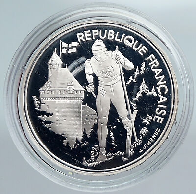 #ad 1991 FRANCE Cross Country Skiing 1992 Olympics OLD Proof Silver 100F Coin i89942