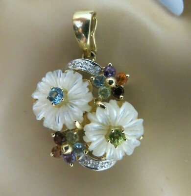 #ad 14k Pendant Diamond Multi Color Gemstones Yellow Gold MOP Carved Flower SBT 5.6g